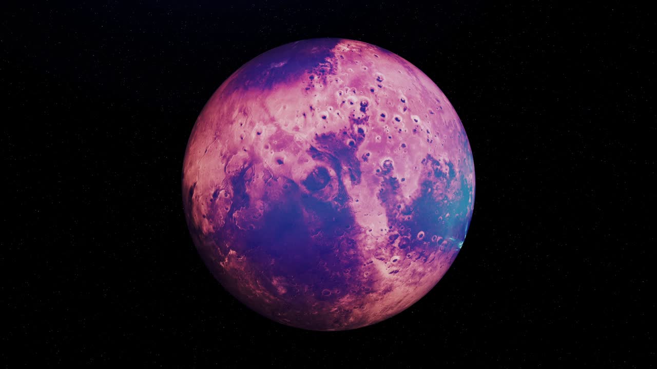 3D beautiful planet rotating surrounded by endless dark space. Animation. Colorful spinning unknown planet isolated on black background, seamless loop