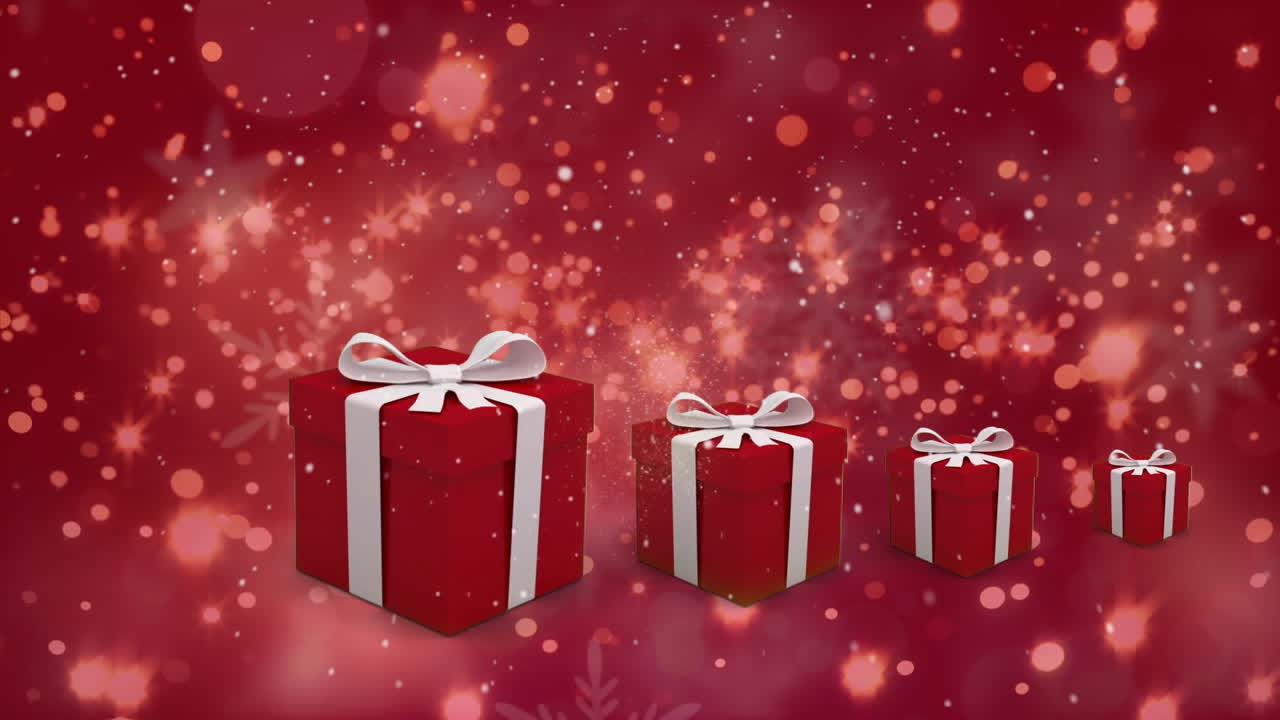 빨간색 배경에 있는 선물 위에 있는 빛의 반점들의 애니메이션
