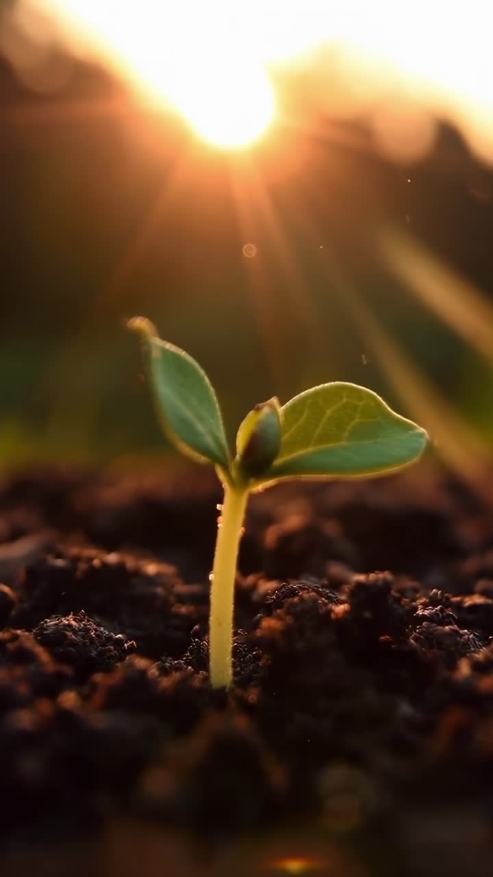 Primo piano di una pianta che germoglia nel terreno all'alba, ripreso da un'angolazione bassa, ideale per la crescita