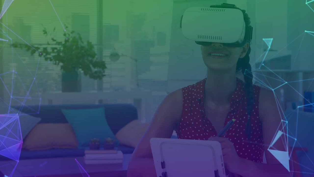 animación de redes de conexiones sobre mujer usando auriculares vr en el fondo