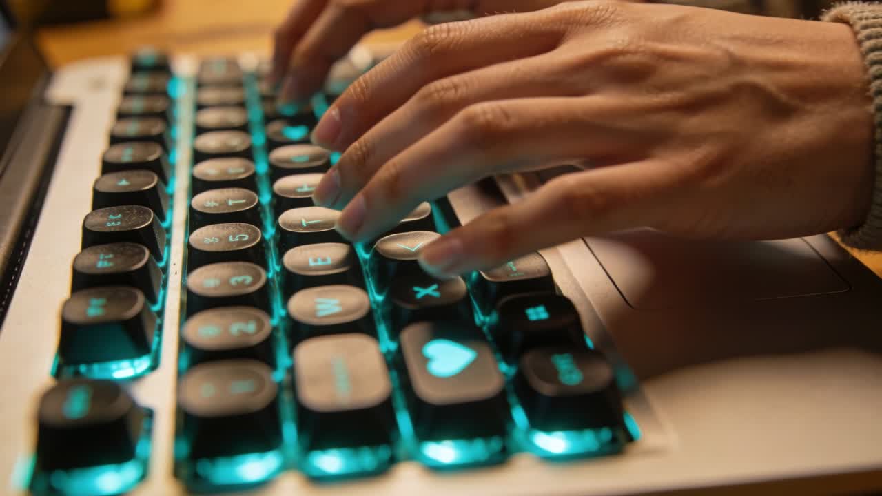 Approaching hands settling then typing on teal-lit round keys at desk, knitted cuff, heart keycap