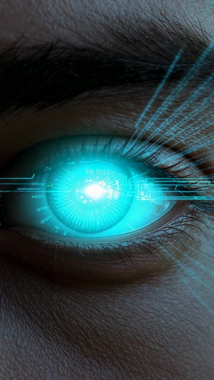Vertical video: Receiving signal, male eye projecting cyan HUD in clinical close-up, accessing data