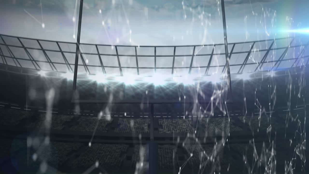 스포츠 경기장 위의 디지털 스크린에서 움직이는 모양의 애니메이션