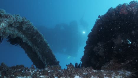 a scuba diver exploring a deep artificial wonder reef structure using underwater lights