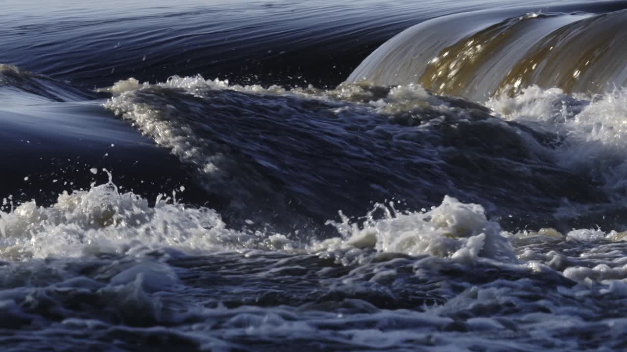 Close-up of a river with dynamic water waves and splashes, capturing the powerful movement of water