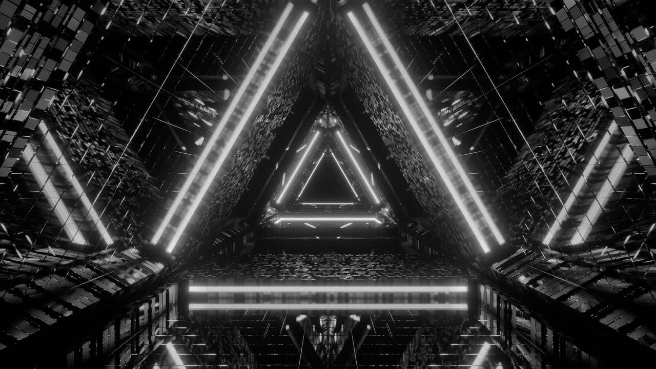 movimiento de avance, túnel de triángulo brillante monocromático, fondo negro 3d