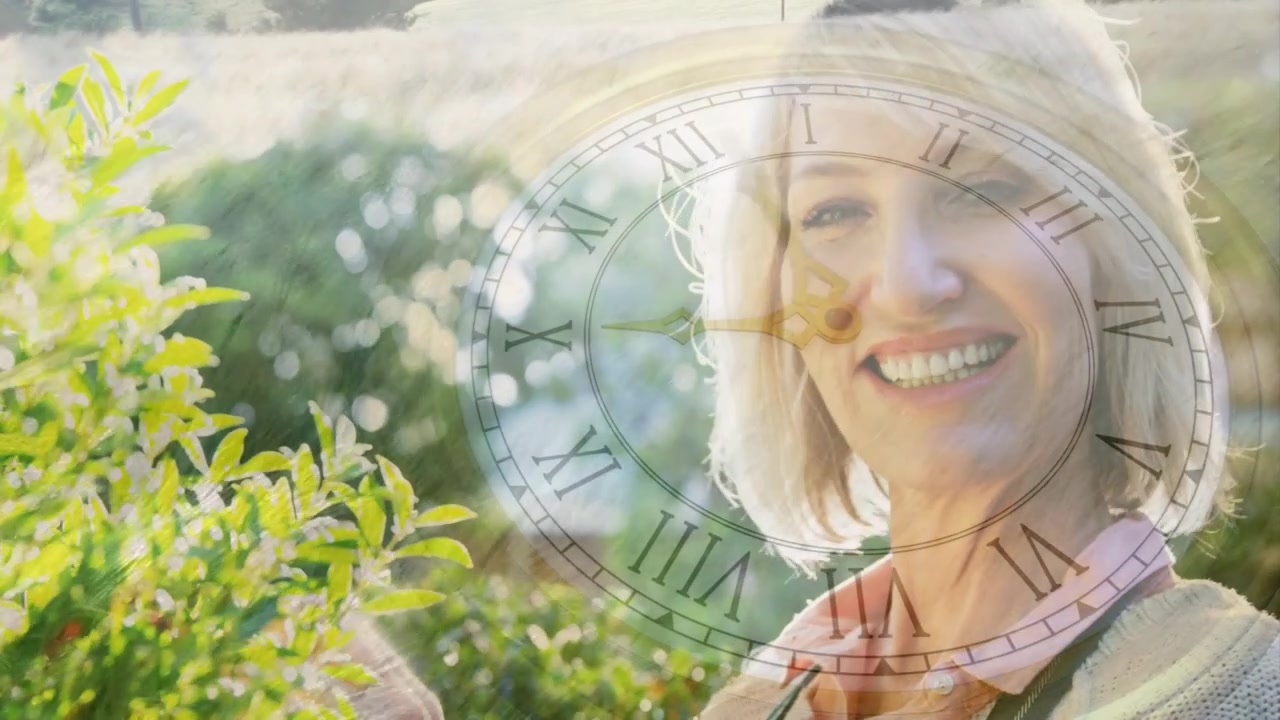 Mature woman fading and smiling toward plant as clock shifting, overlay revealing gardening moment