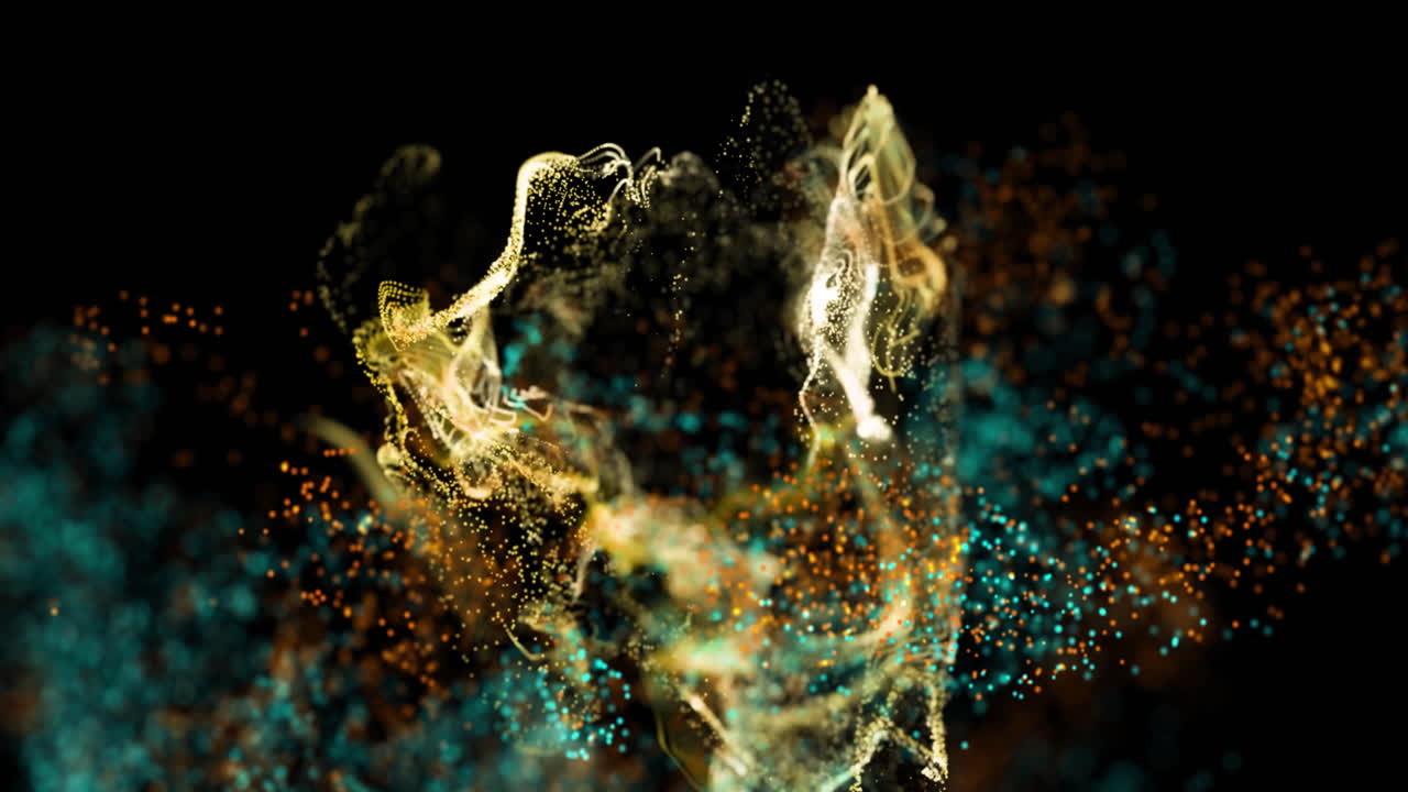 animación de nubes de partículas blancas, azules y naranjas que se mueven sobre un fondo negro