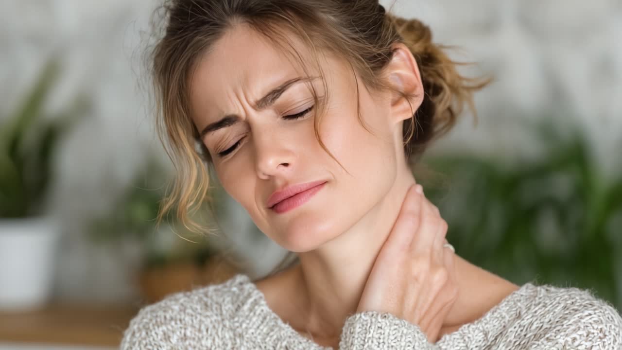 Una donna prova disagio al collo, mostrando un senso di tensione e preoccupazione in un ambiente interno accogliente, evidenziando le difficoltà della vita quotidiana.