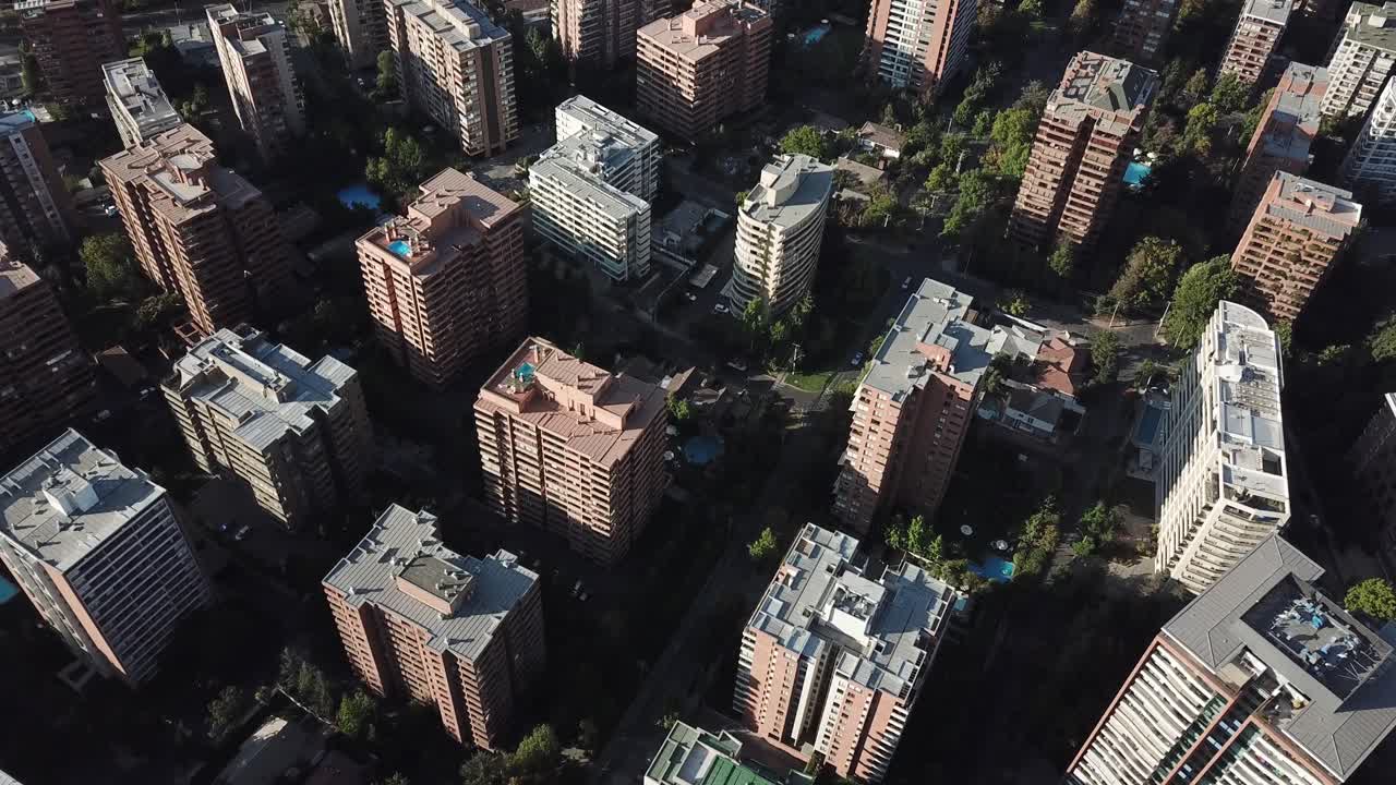Chile, Santiago, Drone Aerial View of Modern Southamerican Residental Neighborhood on Evening Sunlight