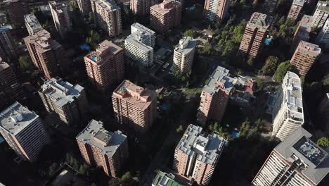 Chile, Santiago, Drone Aerial View of Modern Southamerican Residental Neighborhood on Evening Sunlight