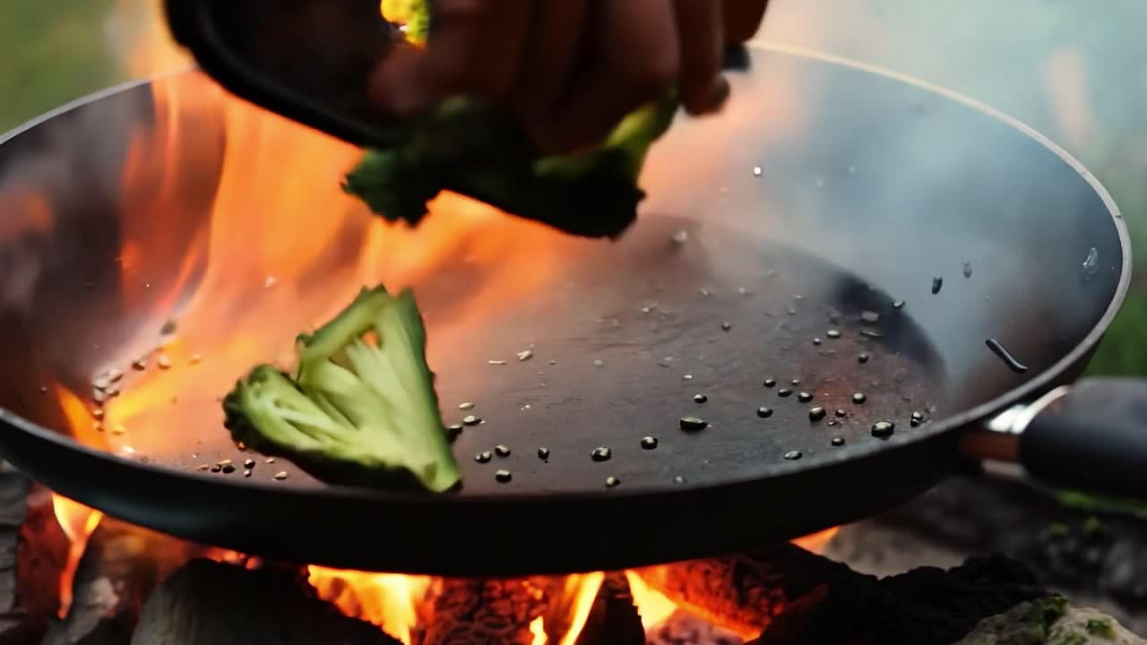 cocinando brócoli sobre un fuego de campamento
