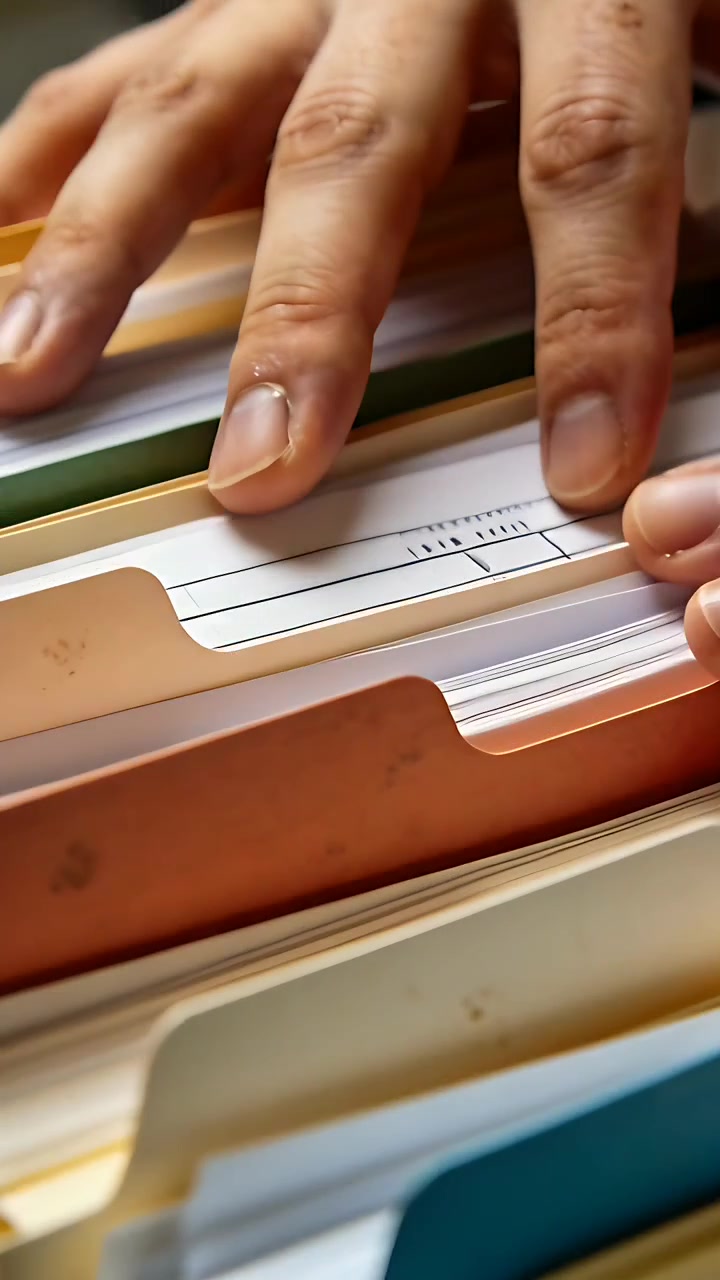 Vertical video: Sliding adult hand from resting tips, fanning tabbed files at desk, finding papers