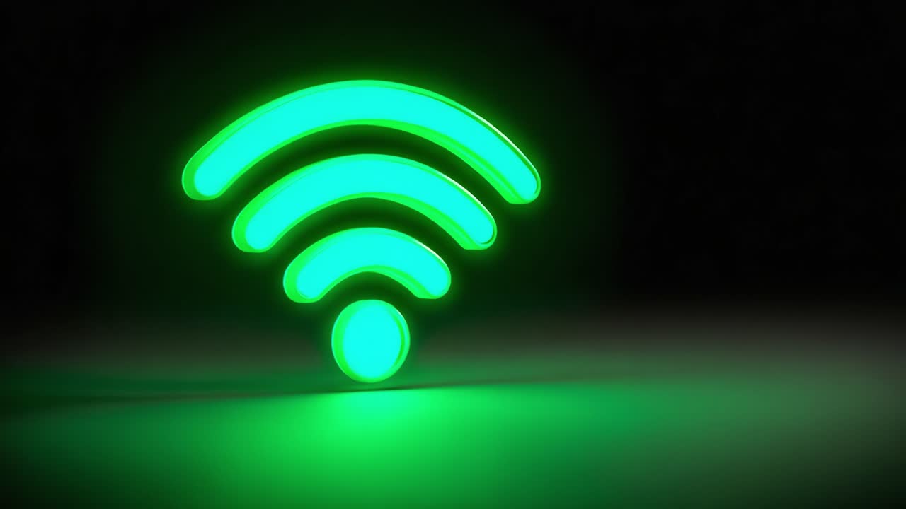Illuminated Green WiFi Symbol: A Modern Representation of Connectivity and Technology in a Dark Background, Symbolizing Digital Communication and Network Access