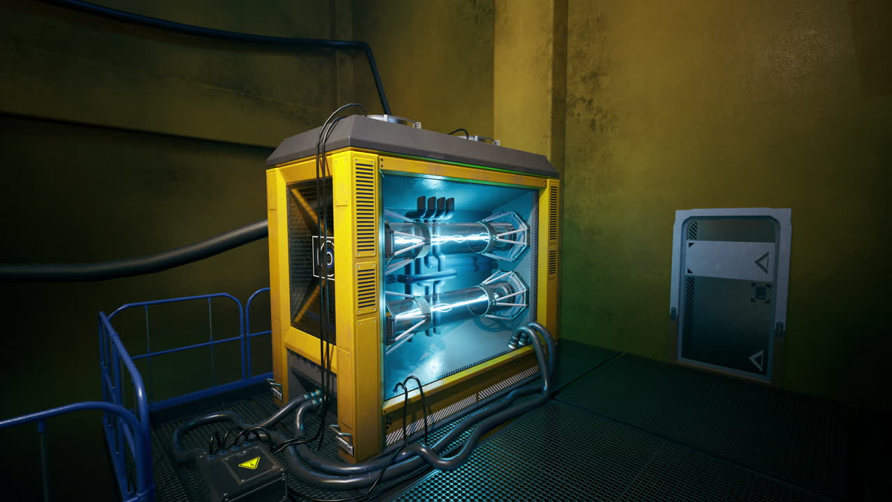 Futuristic storage unit with glowing components in an industrial setting