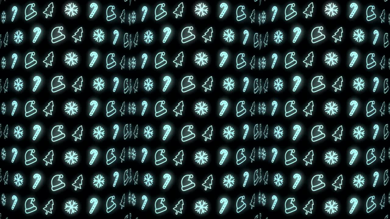fondo de patrón de navidad de neón de árbol de navidad, copo de nieve, sombrero de santa y bastón de caramelo en animación de bucle cian y negro