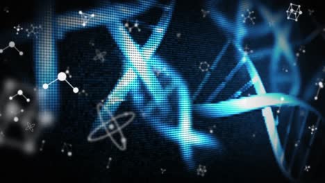 animation of blue dna strains spinning molecules and chemical elements floating on black background