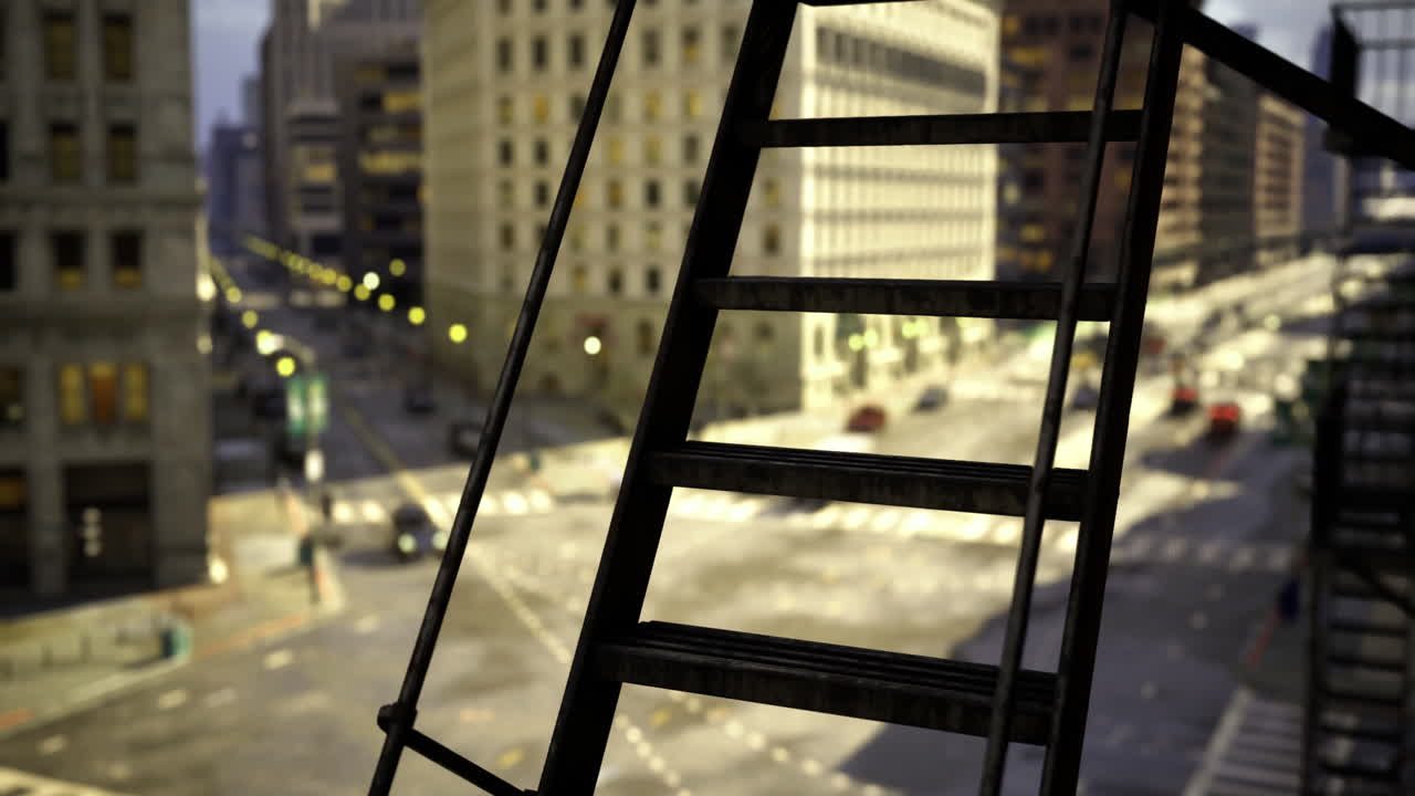 Cityscape view from a fire escape