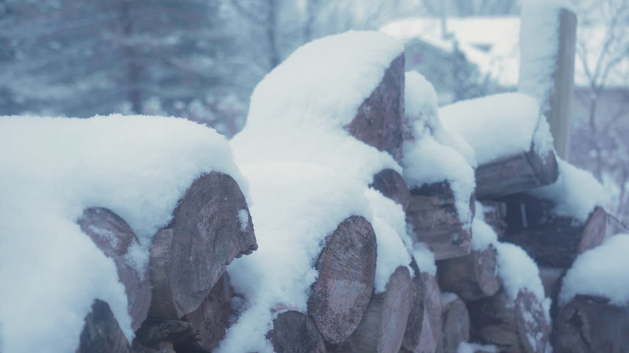눈이 많이 내리는 동안 배경에서 집과 함께 눈으로 인 잘라진 나무의 어리