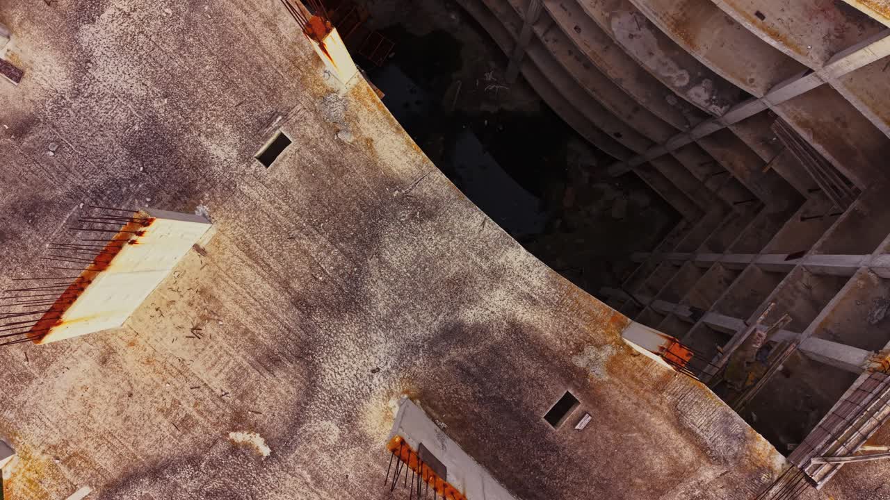 Aerial view of a weathered roof with diverse textures
