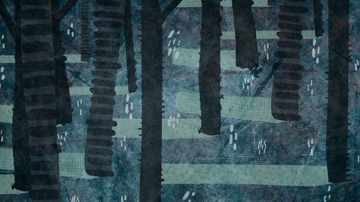 Animation of tree trunks against textured blue background