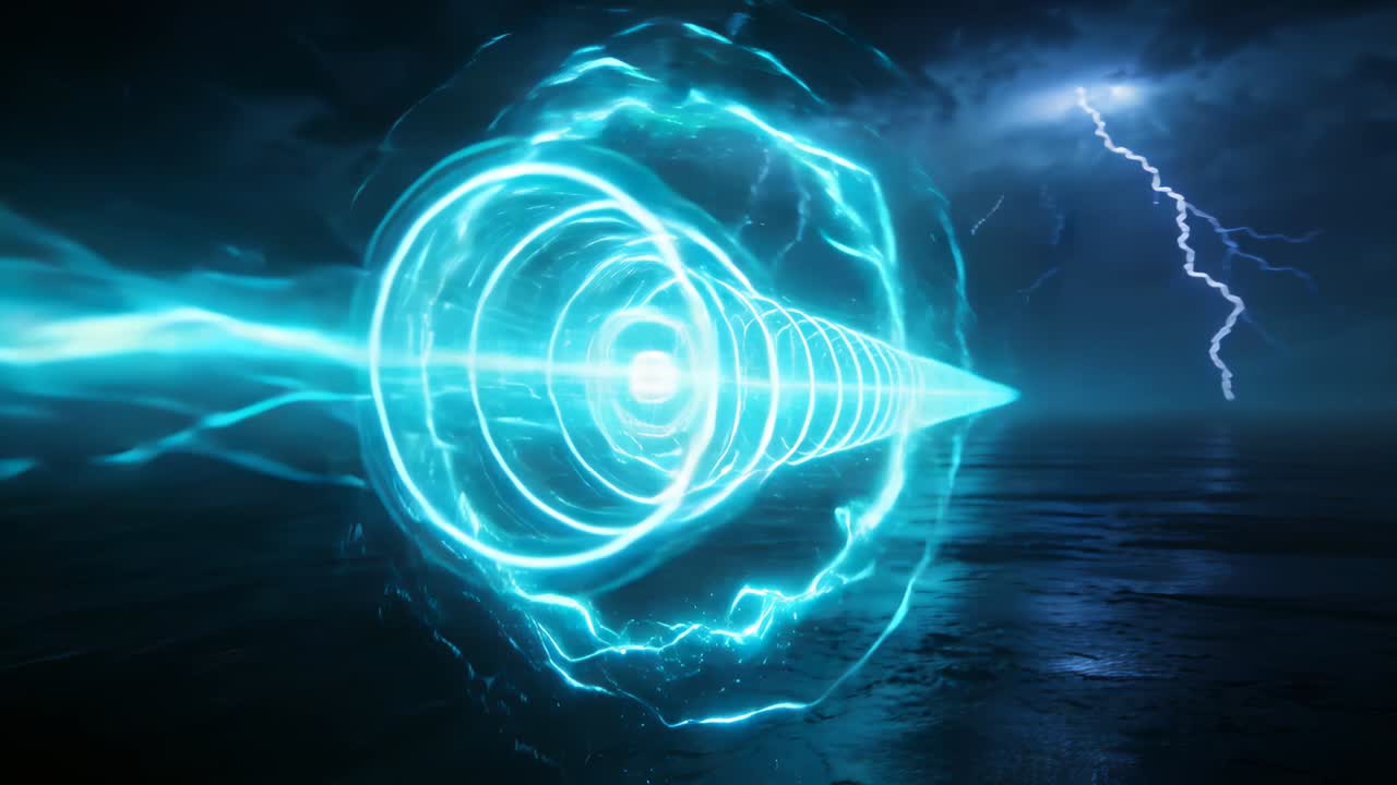 Raggio a elica ciano che si muove su un mare in tempesta, una sorgente toroidale che invia impulsi, anelli in movimento, acqua luminescente con effetti visivi.
