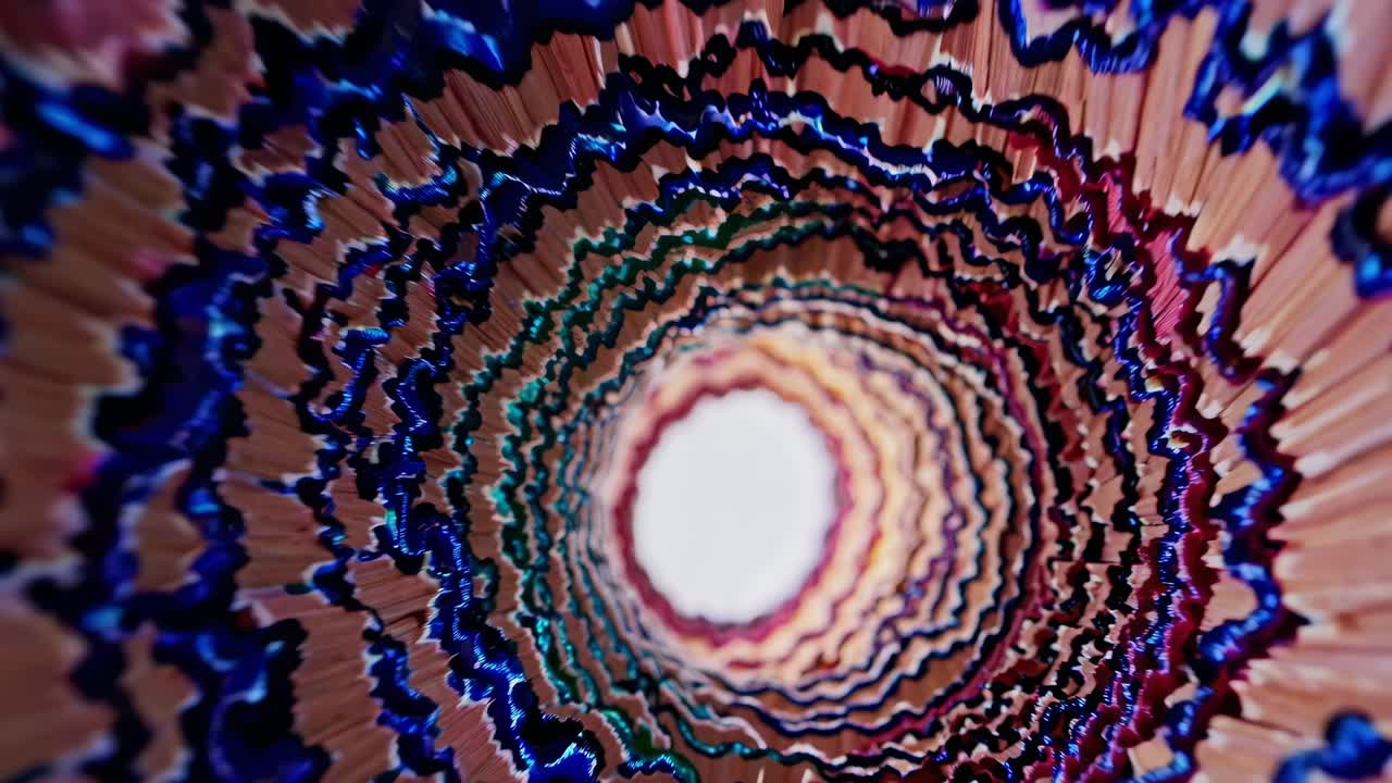 Spiraling motion sequence through a colorful pencil shavings tunnel, showcasing vibrant textures and dynamic patterns in a captivating visual journey