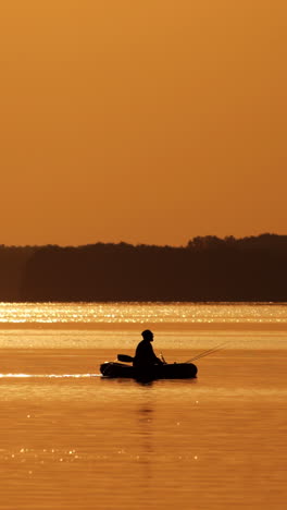 old fisherman in a boat on orange background of sunset. beautiful evening river and a man floating in a rowboat with fishing rods. vertical video