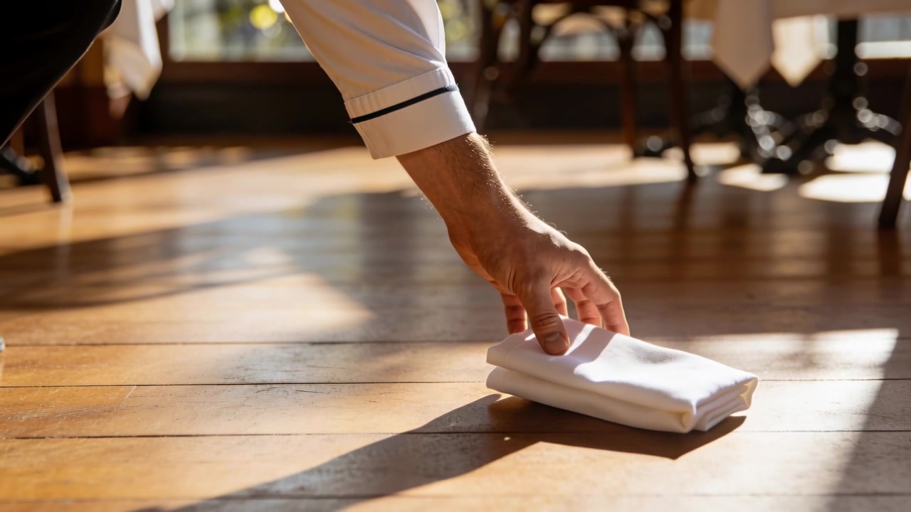 Spotting folded napkin, waiter in cuffed shirt reaching, grasping, retrieving on restaurant floor