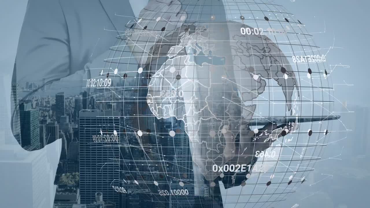 데이터 프로세싱과 도시 풍경으로 지구의 애니메이션 카우카스 사업가 태블릿을 사용