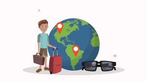 male tourist with suitcase and earth planet