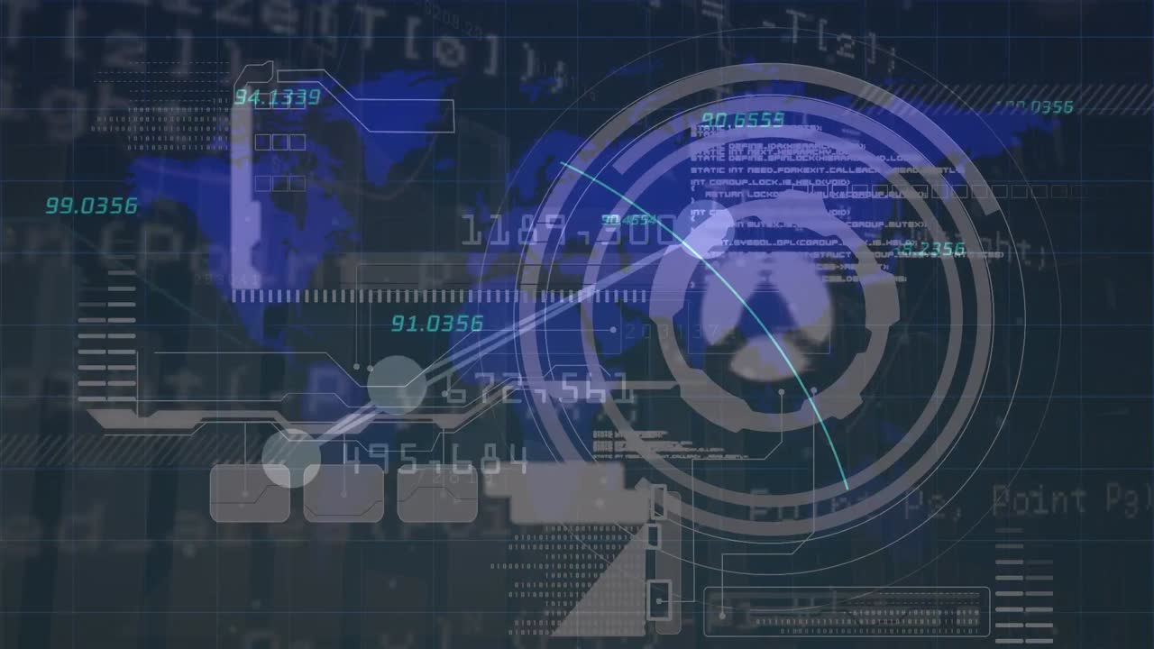 animación del procesamiento de datos y el mapa del mundo sobre el escáner de alcance sobre fondo negro