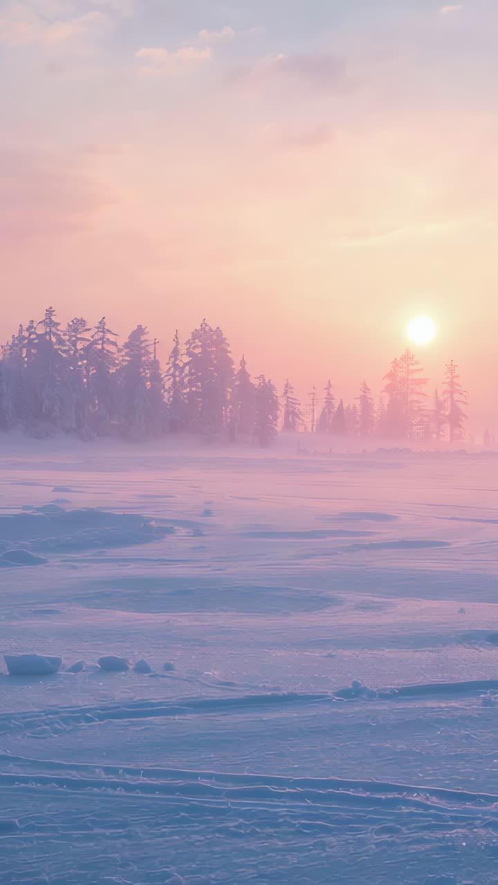 Vertical video: Sun rising brightening frozen snowfield with pine treeline, mist slowly thinning