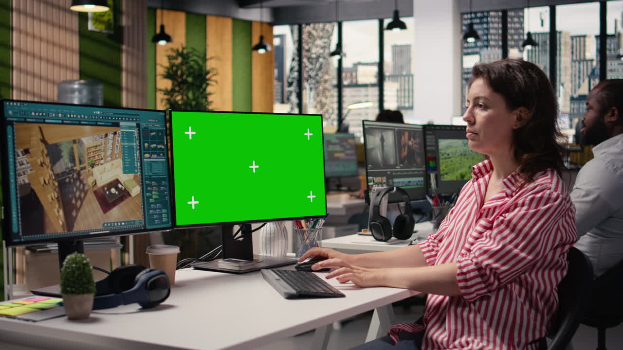 Architectural 3D software, isolated chroma key, woman at computer