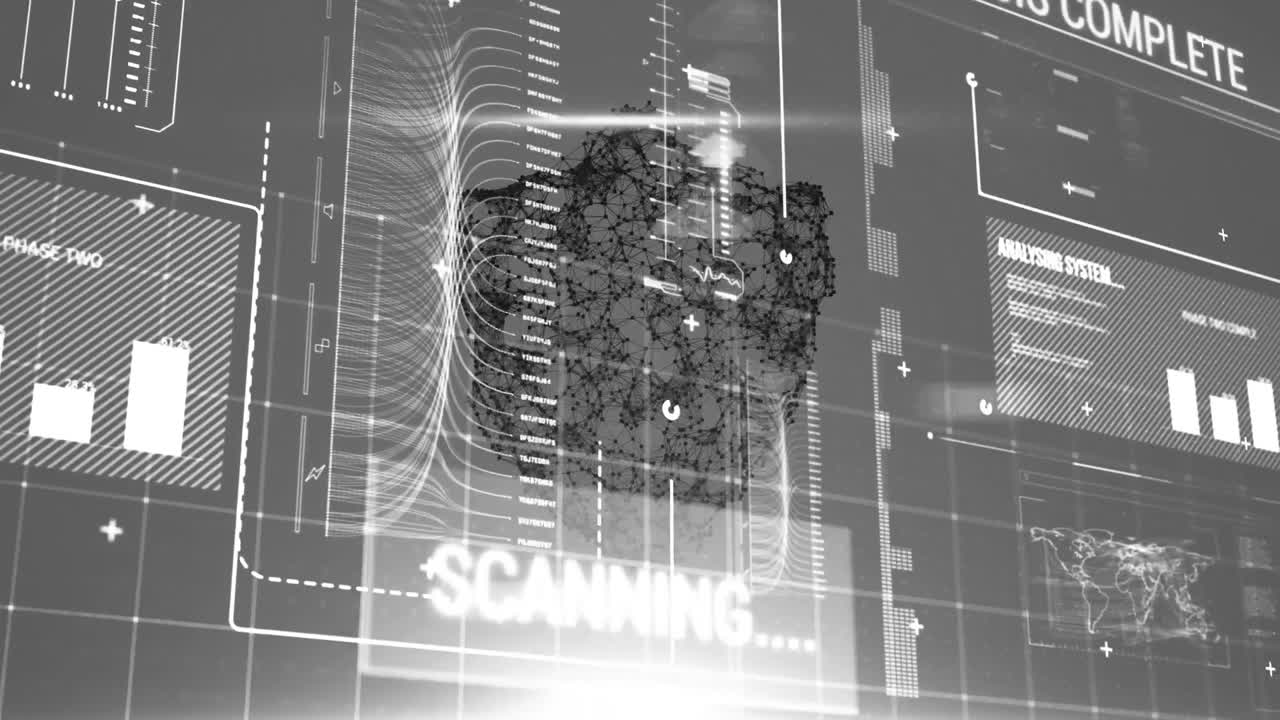 animación del procesamiento de datos y estadísticas sobre el escudo de seguridad