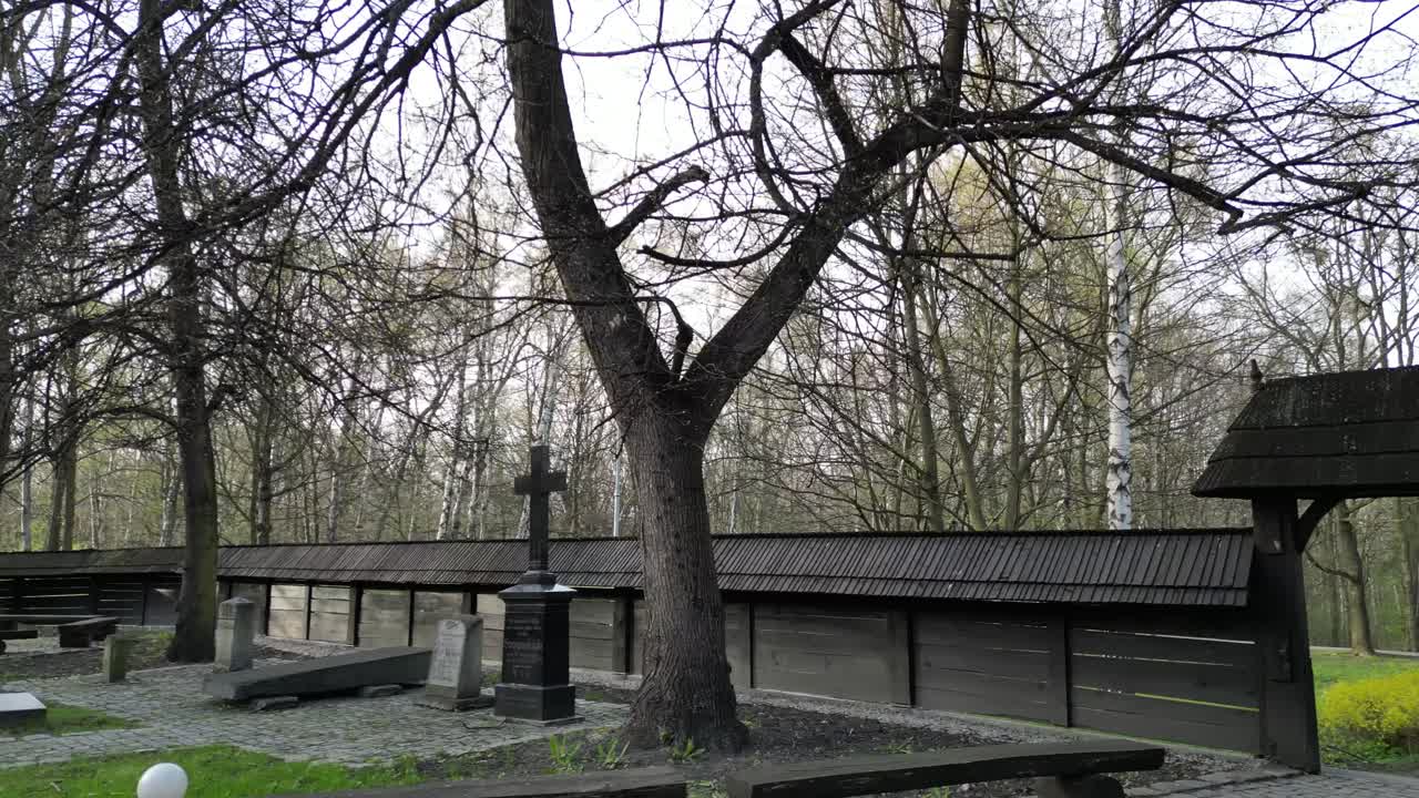 Ornate Wooden Gate and Fence Leading into a Cemetery or Park with Yellow Flowers