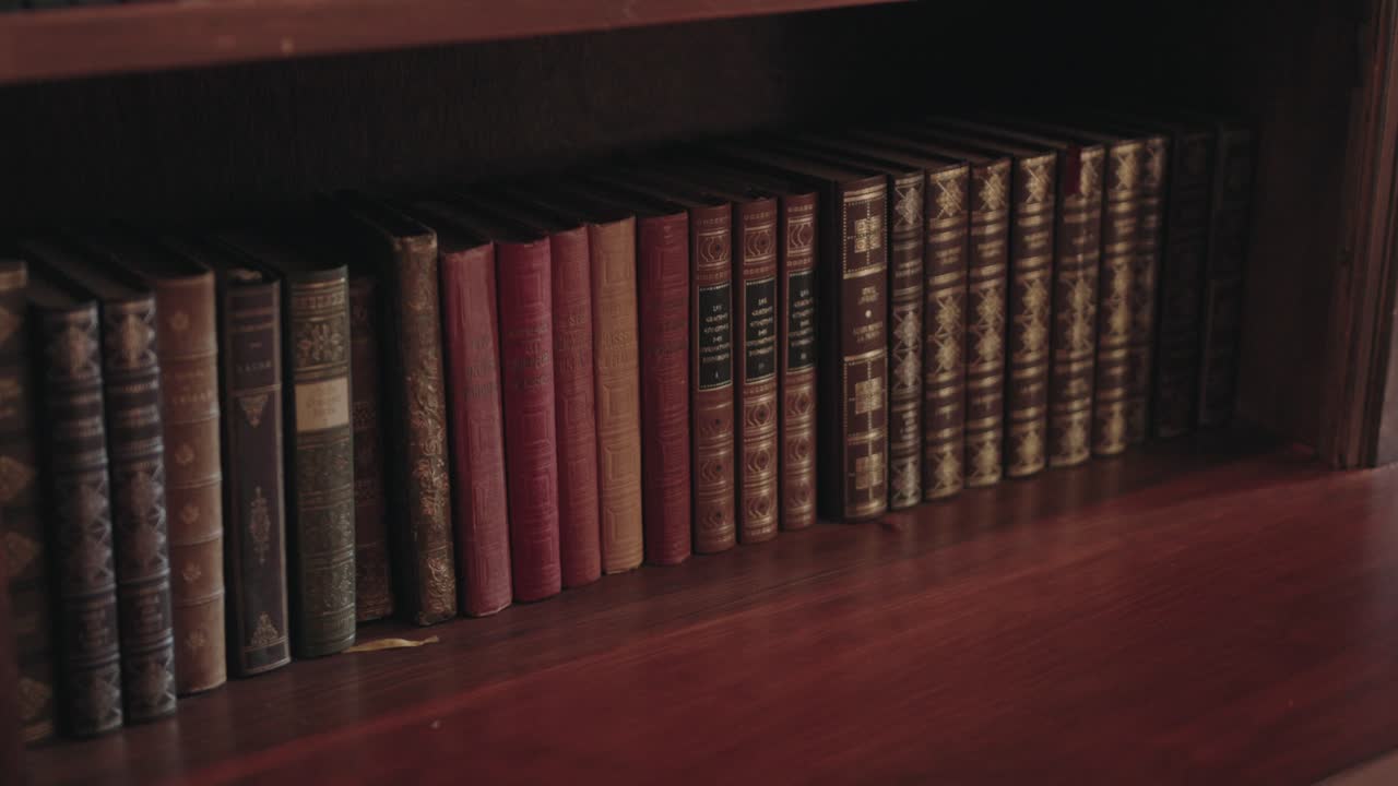 Row of vintage books on a wooden bookshelf