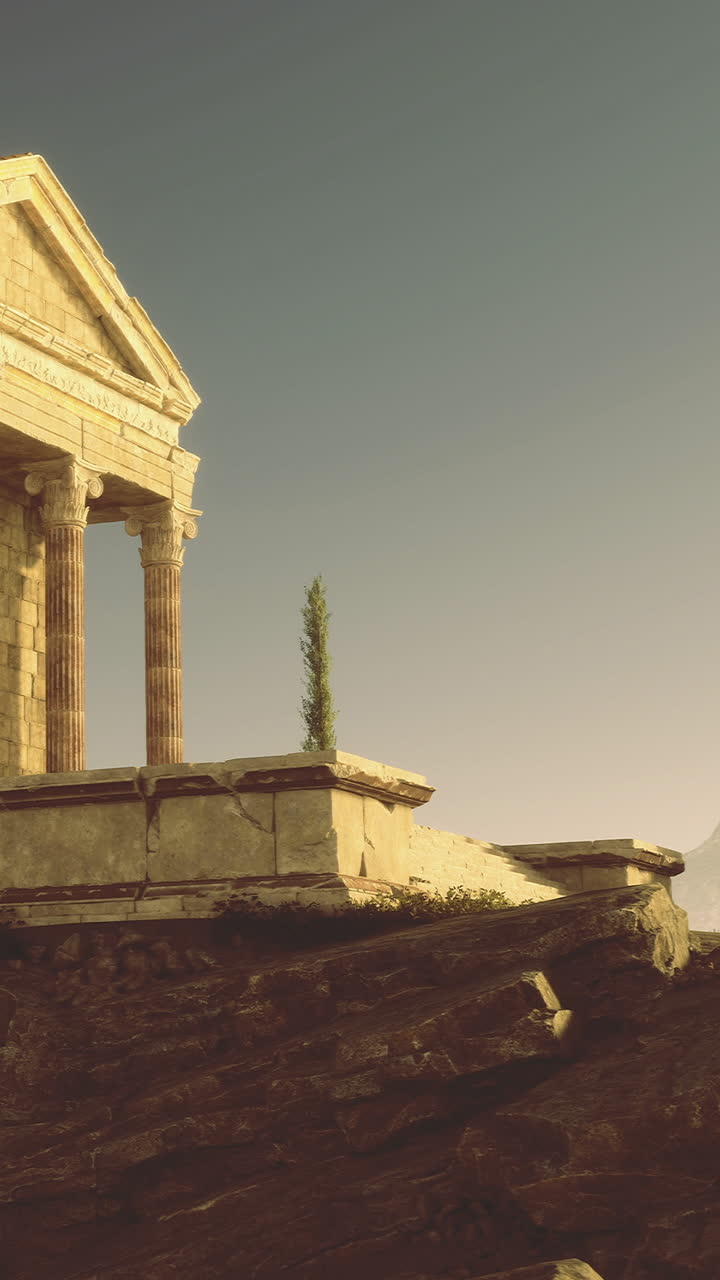 Antico tempio domina un paesaggio maestoso al crepuscolo con un bagliore dorato.