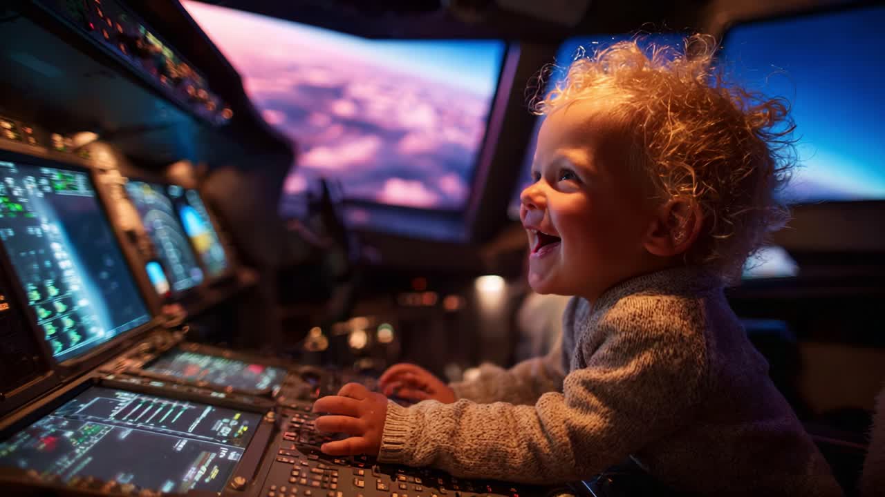 A Joyful Child Exploring the Cockpit: A Young Aviator's Adventure in the Plane's Control Room Captured in Two Enchanting Frames of Curiosity and Wonder
