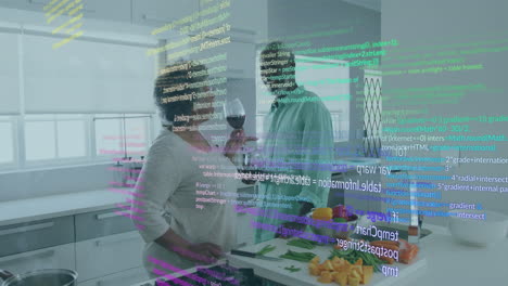 animation of data processing over senior african american couple preparing dinner in kitchen