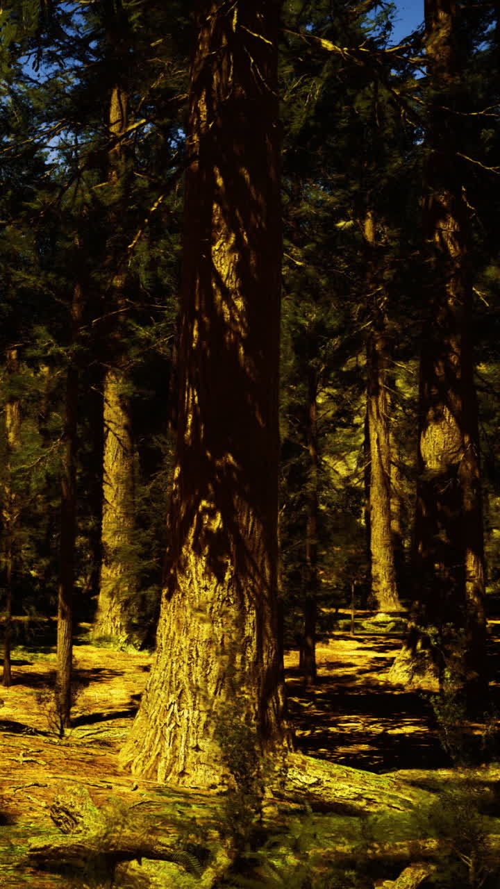 Majestic forest with tall trees and dappled sunlight in the afternoon