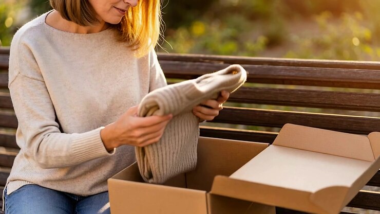 Donna sorridente che solleva ed esamina un maglione beige da una scatola di spedizione su una panchina del parco, indossando jeans blu.