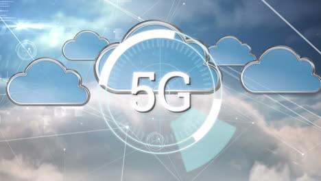 cielo con nubes y líneas asimétricas y círculo futurista con 5g