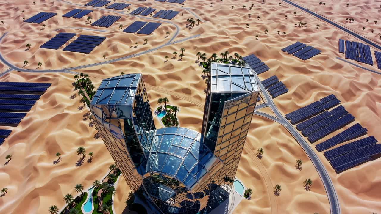 Glass skyscrapers towering over sandy Dubai terrain, reflecting sunlight near expansive solar panel arrays representing cutting edge architectural and renewable energy design
