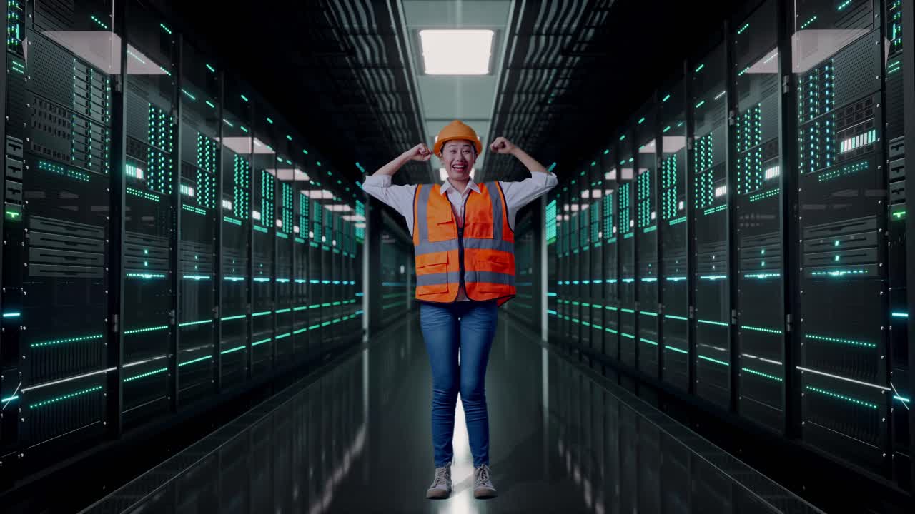 Ganzkörperansicht einer weiblichen asiatischen Ingenieurin mit Schutzhelm, die ihren Bizeps anspannt und in die Kamera lächelt, während sie in einem Serverraum-Rechenzentrum steht.