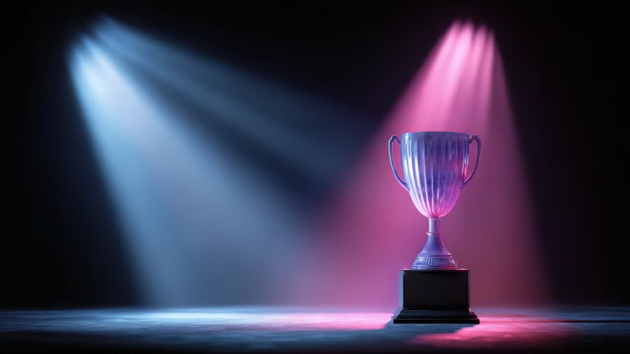 Shining Trophy Under Spotlight: A Symbol of Achievement and Victory in a Darkened Stage, Declaring Glory and Triumph Through a Luminous Presentation