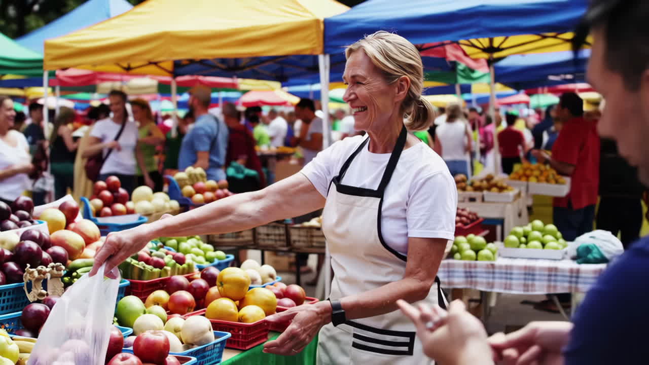 Woman selling fruit at a busy outdoor market