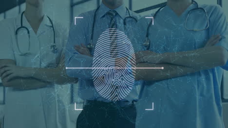 scanning fingerprint animation over medical professionals with stethoscopes