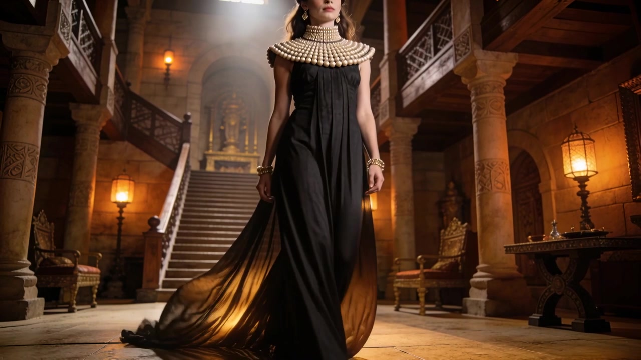 Una donna regale che incede scende le scale facendo un ingresso cerimoniale in un palazzo, con un abito nero che strascica.