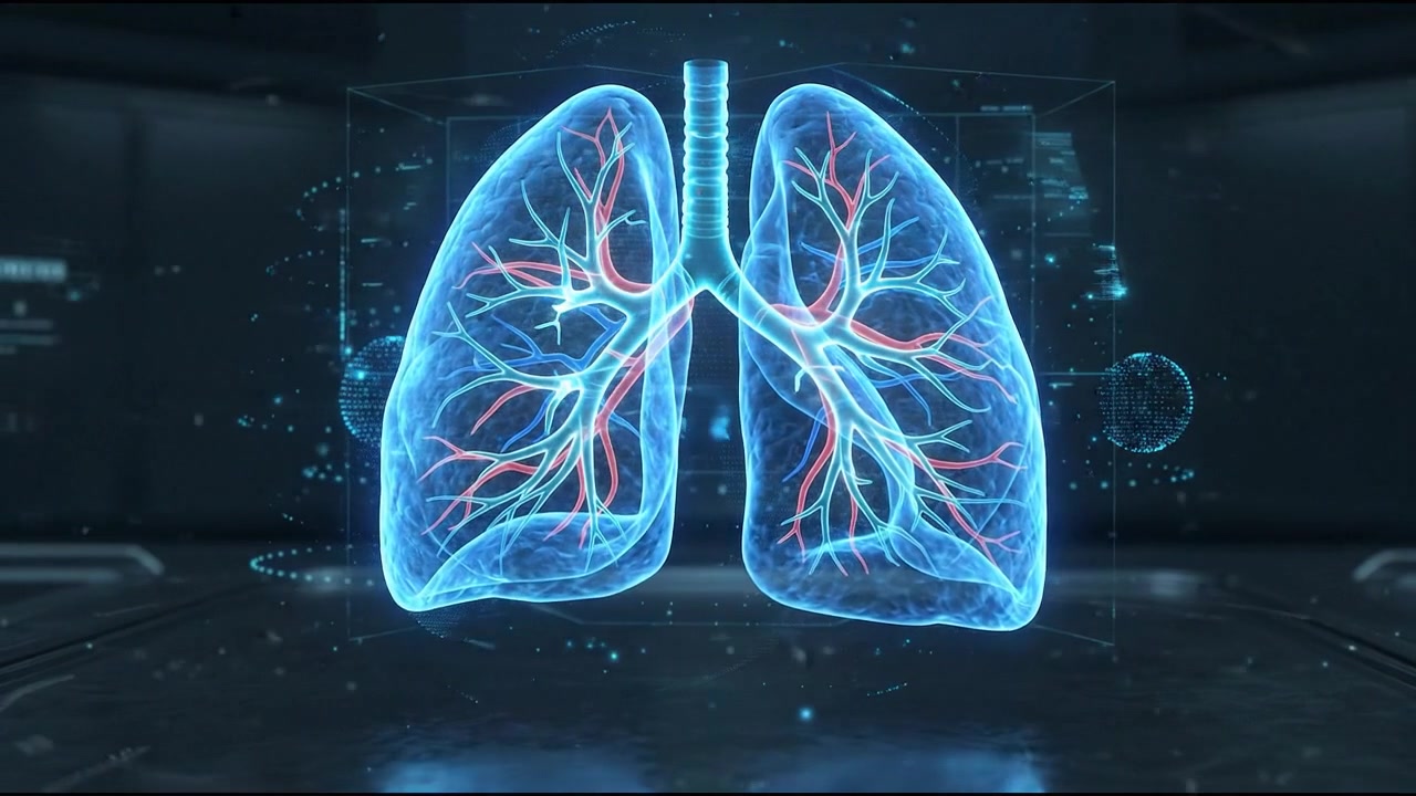 Glowing blue 3D human lungs render displaying pulmonary airways